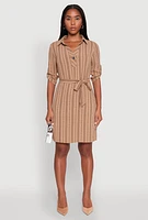 Womens Airy Striped Tie Waist Mini Shirt Dress,