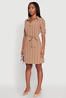 Womens Airy Striped Tie Waist Mini Shirt Dress,