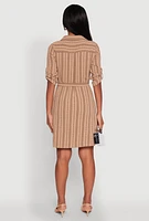 Womens Airy Striped Tie Waist Mini Shirt Dress,
