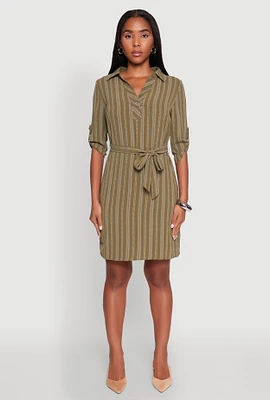 Womens Airy Striped Tie Waist Mini Shirt Dress,