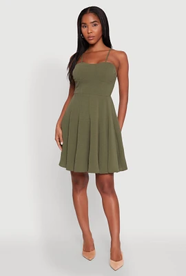 Womens Airy Bustier Pleated Skater Dress, Green, Size XL
