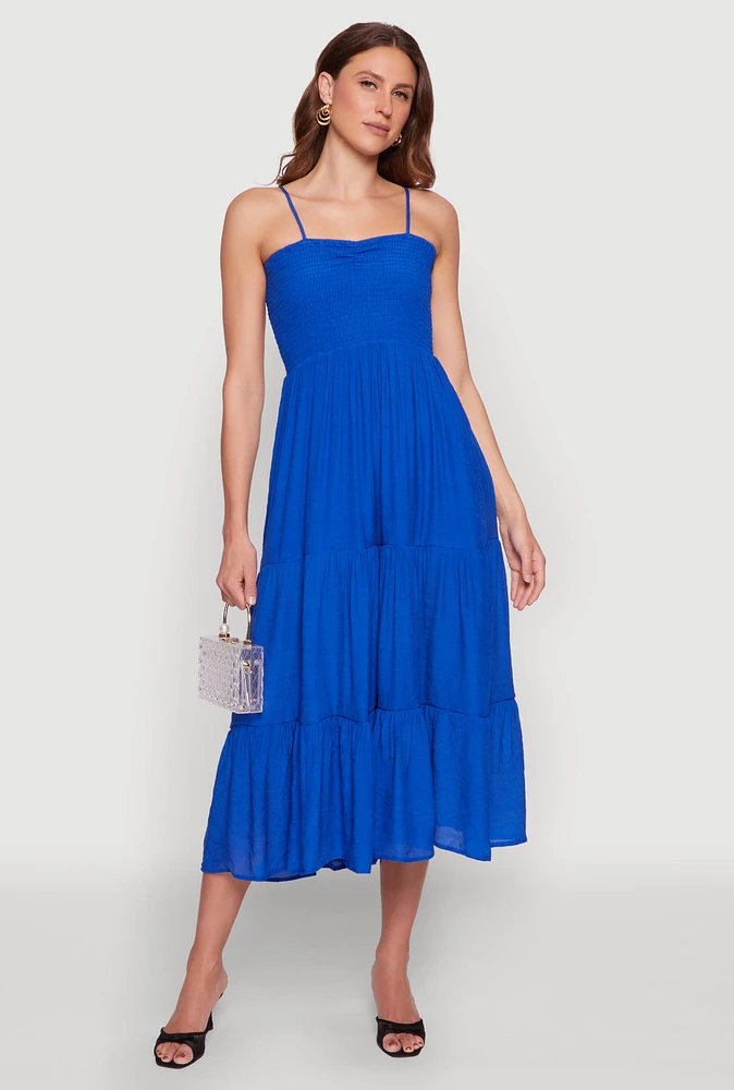 Womens Smocked Tiered Maxi Sundress, Blue, Size M