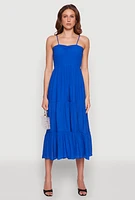 Womens Smocked Tiered Maxi Sundress, Blue, Size M