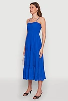 Womens Smocked Tiered Maxi Sundress, Blue, Size M