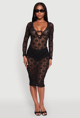 Womens Floral Lace Tie Front Plunge Midi Dress, Black, Size S