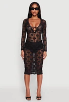 Womens Floral Lace Tie Front Plunge Midi Dress, Black, Size S