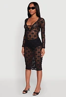 Womens Floral Lace Tie Front Plunge Midi Dress, Black, Size S