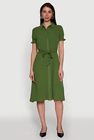 Womens Chic Smocked Puff Sleeve Shirt Dress with Tie Waist Belt,