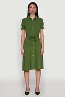 Womens Chic Smocked Puff Sleeve Shirt Dress with Tie Waist Belt,