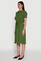 Womens Chic Smocked Puff Sleeve Shirt Dress with Tie Waist Belt,