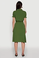 Womens Chic Smocked Puff Sleeve Shirt Dress with Tie Waist Belt,