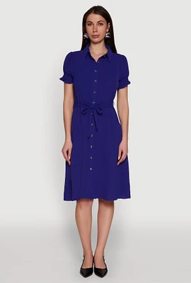 Womens Chic Smocked Puff Sleeve Shirt Dress with Tie Waist Belt,