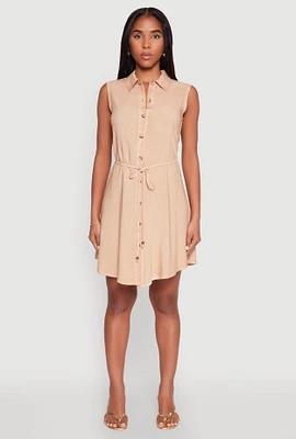 Womens Tie Waist Belted Sleeveless Shirt Dress,