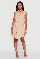 Womens Tie Waist Belted Sleeveless Shirt Dress,