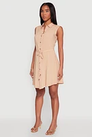Womens Tie Waist Belted Sleeveless Shirt Dress,