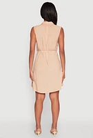 Womens Tie Waist Belted Sleeveless Shirt Dress,