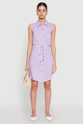 Womens Tie Waist Belted Sleeveless Shirt Dress, Purple,