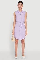 Womens Tie Waist Belted Sleeveless Shirt Dress, Purple,