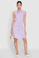 Womens Tie Waist Belted Sleeveless Shirt Dress, Purple,