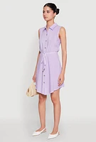 Womens Tie Waist Belted Sleeveless Shirt Dress, Purple,
