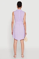 Womens Tie Waist Belted Sleeveless Shirt Dress, Purple,