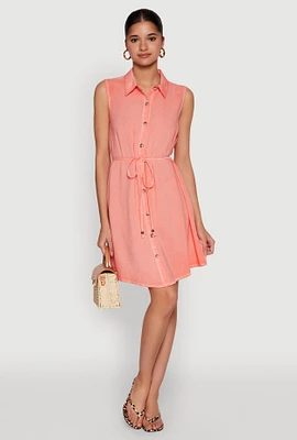 Womens Tie Waist Belted Sleeveless Shirt Dress,