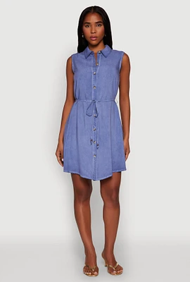 Womens Tie Waist Belted Sleeveless Shirt Dress,