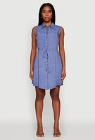 Womens Tie Waist Belted Sleeveless Shirt Dress, Blue, Size S