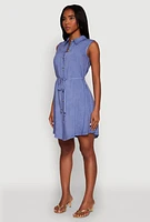 Womens Tie Waist Belted Sleeveless Shirt Dress, Blue, Size S