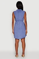 Womens Tie Waist Belted Sleeveless Shirt Dress, Blue, Size S