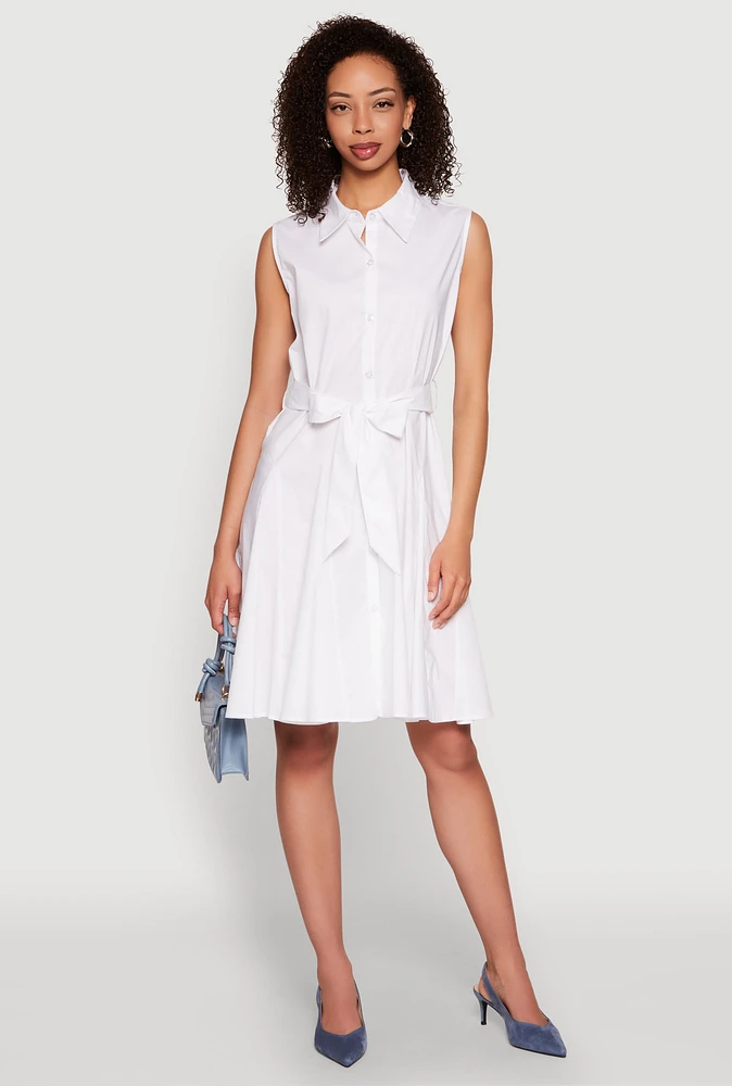 Womens Tie Waist Belted Sleeveless Pleated Shirt Dress, White, Size S