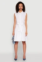 Womens Tie Waist Belted Sleeveless Pleated Shirt Dress, White, Size S