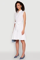 Womens Tie Waist Belted Sleeveless Pleated Shirt Dress, White, Size S