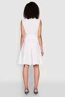 Womens Tie Waist Belted Sleeveless Pleated Shirt Dress, White, Size S