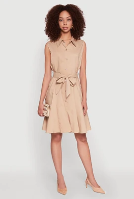 Womens Tie Waist Belted Sleeveless Pleated Shirt Dress,