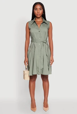 Womens Tie Waist Belted Sleeveless Pleated Shirt Dress,