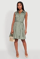 Womens Tie Waist Belted Sleeveless Pleated Shirt Dress, S