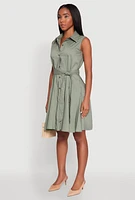 Womens Tie Waist Belted Sleeveless Pleated Shirt Dress, S