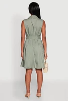 Womens Tie Waist Belted Sleeveless Pleated Shirt Dress, S