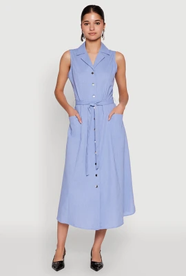 Womens Lapel Collar Tie Waist Belted Midi Dress, Blue, Size S