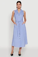 Womens Lapel Collar Tie Waist Belted Midi Dress, Blue, Size S