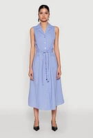 Womens Lapel Collar Tie Waist Belted Midi Dress, Blue, Size S