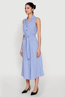 Womens Lapel Collar Tie Waist Belted Midi Dress, Blue, Size S