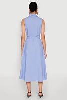 Womens Lapel Collar Tie Waist Belted Midi Dress, Blue, Size S