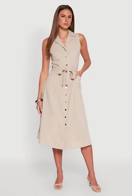Womens Lapel Collar Tie Waist Belted Midi Dress,