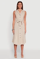 Womens Lapel Collar Tie Waist Belted Midi Dress,