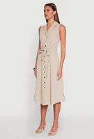 Womens Lapel Collar Tie Waist Belted Midi Dress,