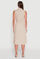 Womens Lapel Collar Tie Waist Belted Midi Dress,