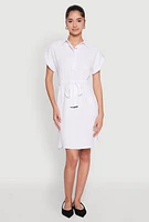 Womens Crepe Knit Tie Waist Belted Shirt Dress, White, Size L