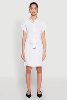 Womens Crepe Knit Tie Waist Belted Shirt Dress, White, Size L